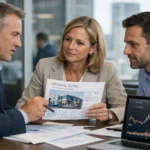 Office discussion of financial reports and future projections.