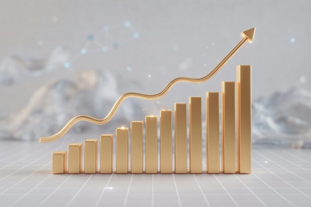 A graph of measurable growth in the form of 3D visualization against the background of an abstract digital space.